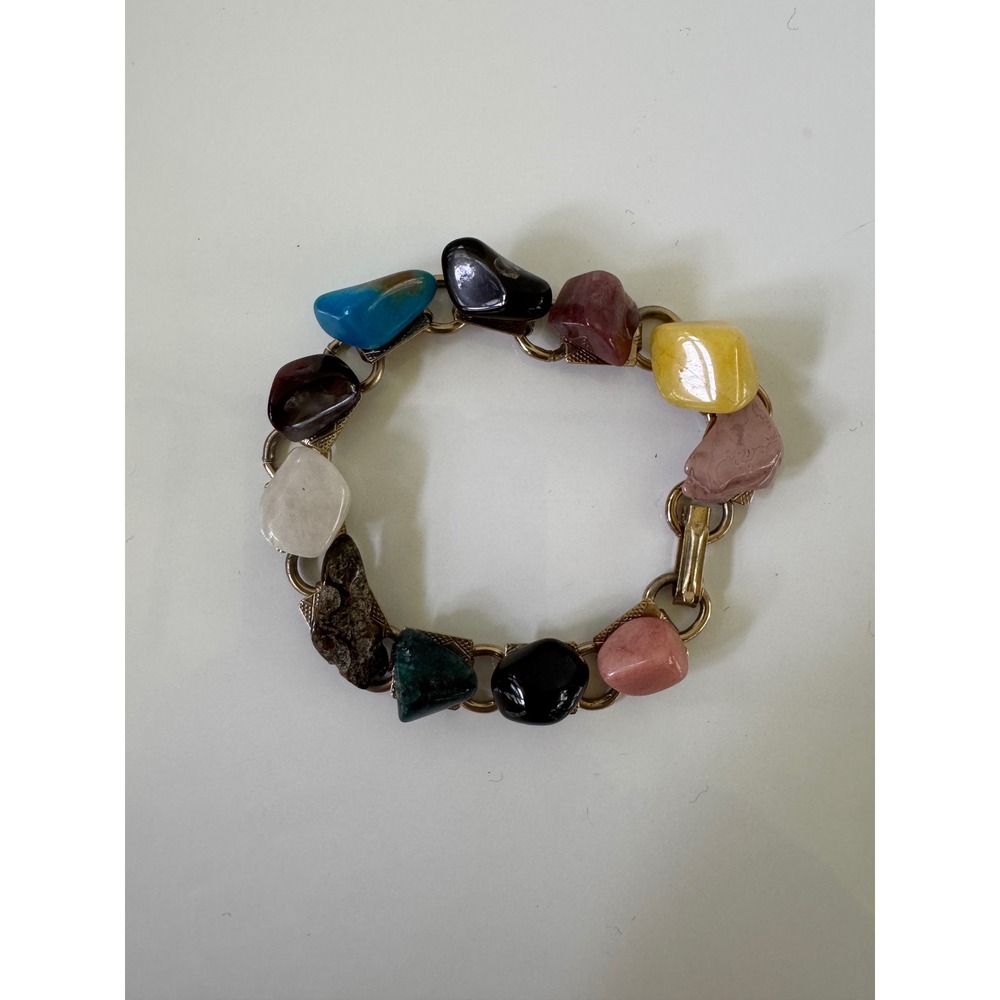 Vintage Gold Tone Tumbled Stone Link Bracelet Multi Color Chunky Statement 7.5in